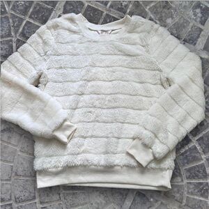 Cream Furry Striped Crewneck Sweater